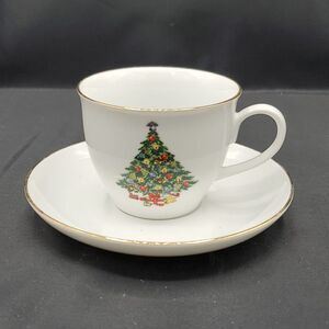 Jamestown China Christmas Tree Cup and Saucer with Gold Trim